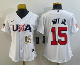 Womens USA Baseball #15 Bobby Witt Jr Number 2023 White World Classic Replica Stitched Jerseys